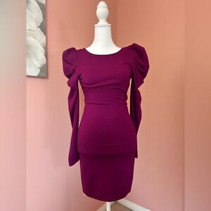 purple long puff- sleeved bodycon barbiecore  sexy scoop back dress size sm.